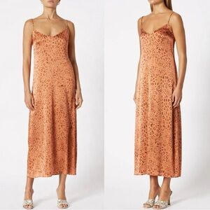 Scanlan Theodore Women Leopard Print Slip Midi Dress Orange Silk Sz 8 US Luxury